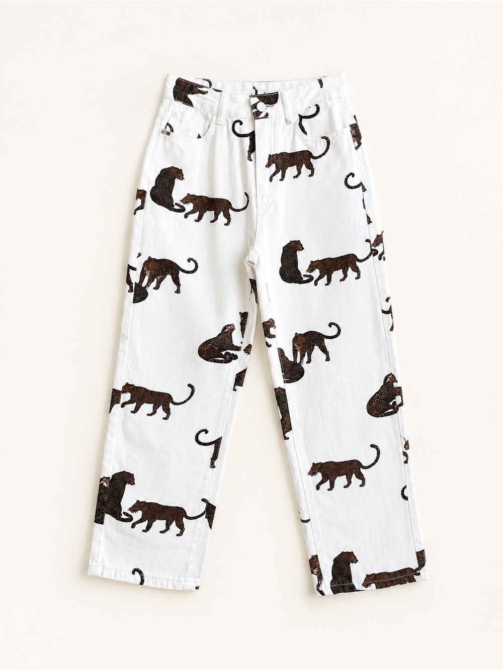 White Panther Print High Rise Straight Leg Jeans No Size Tag